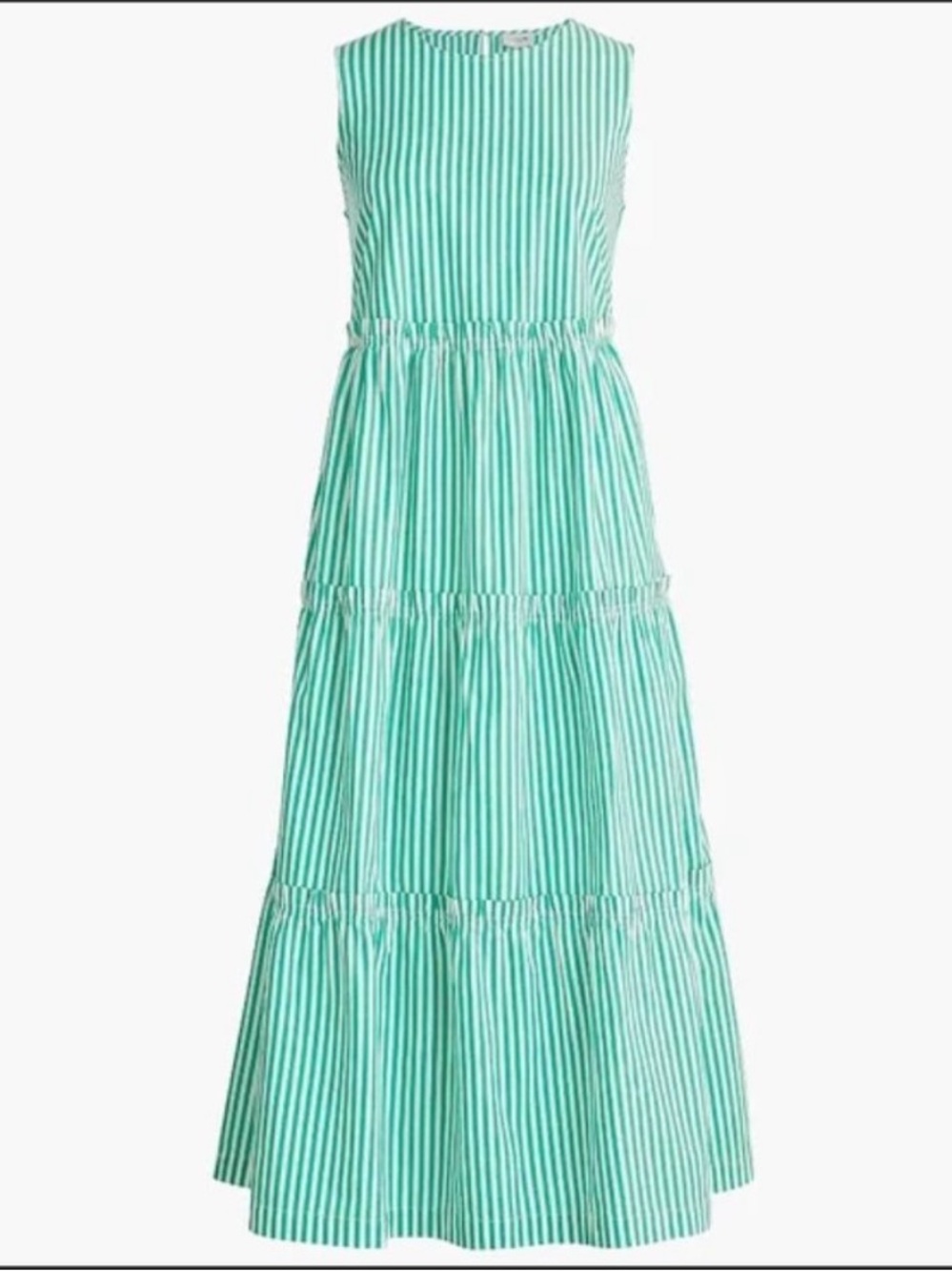 J. Crew Green and White Striped Sleeveless Tiered Dress 00P
